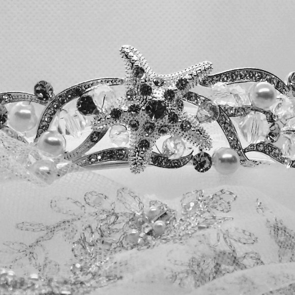 Silver Crystals, Pearls, Beads Hand Decorated Starfish Beach Wedding Tiara NWT - Picture 8 of 9